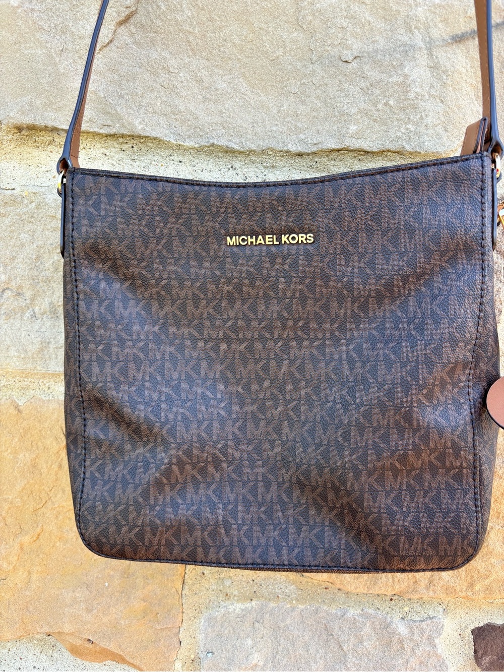 Michael Kors Dark Brown MK Logo Shoulder Bag with Gold Logo